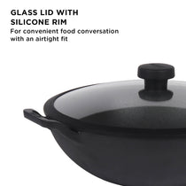 Meyer Pre- Seasoned Cast Iron 3 Piece Cookware Set - 20cm Frypan + 20cm Kadai with Interchangeable Lid, Black