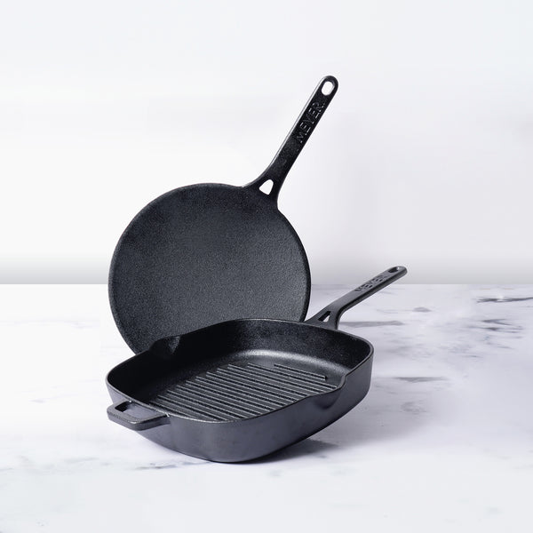 Meyer Seasoned Cast Iron 25cm Grill Pan+26cm Roti Tawa