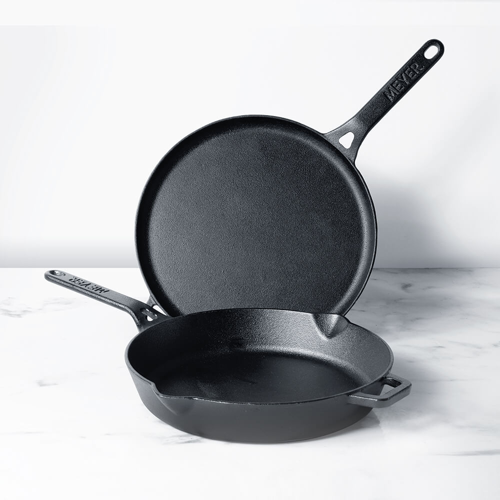 Meyer Pre-Seasoned Cast Iron 2pcs Set (28cm Flat Dosa Tawa + 26cm Frypan/Skillet) - Pots and Pans