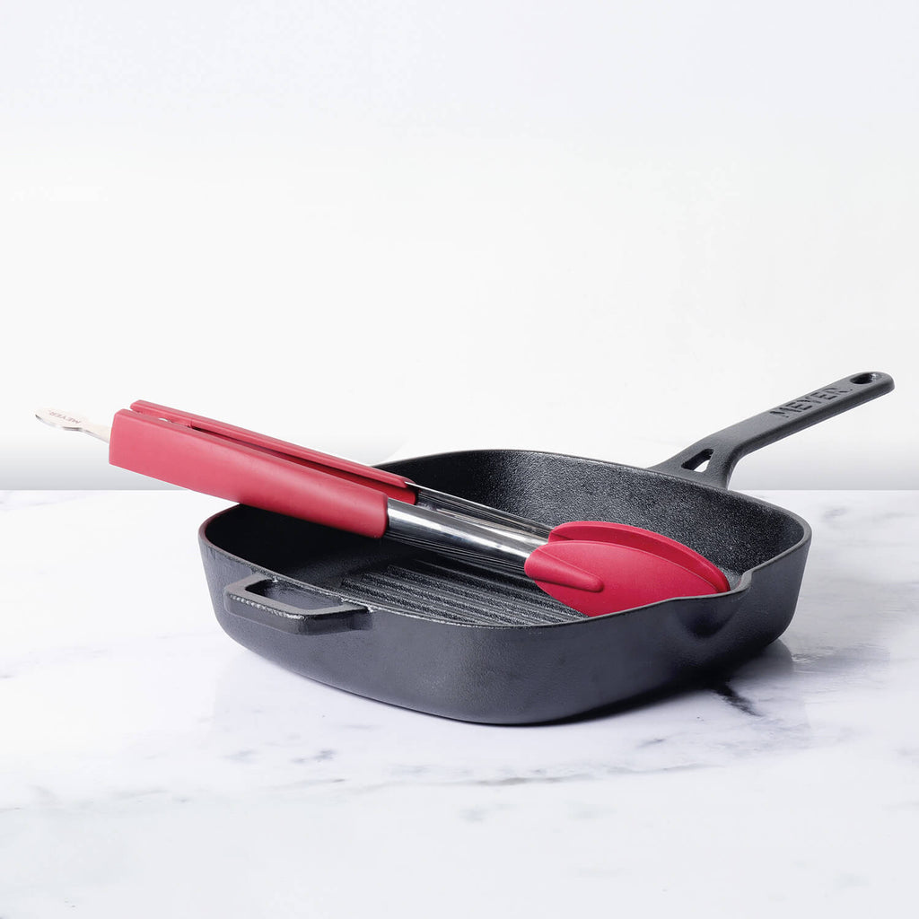 Meyer 2pcs Set - 25cm Cast Iron Grill pan + 12 inch Silicone Tongs - Pots and Pans