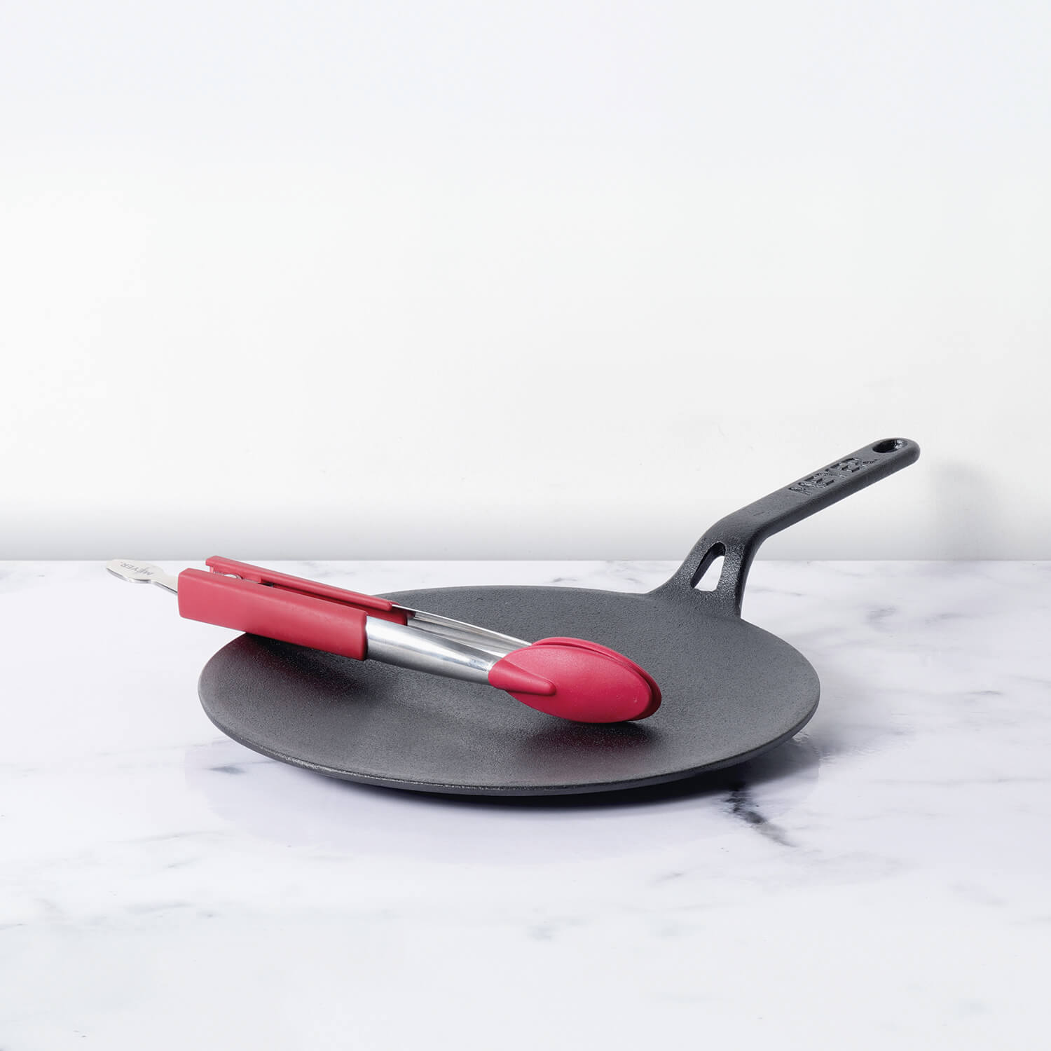 Meyer 2pcs Set - 26cm Cast Iron Roti Tawa + 9 inch Silicone Tongs - Pots and Pans