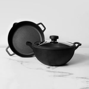 Meyer Pre- Seasoned Cast Iron 3 Piece Cookware Set - 24cm Skillet + 24cm Deep Kadai with Interchangeable Lid, Black