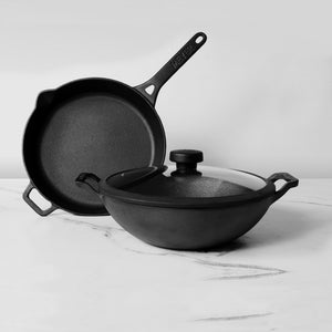 Meyer Pre- Seasoned Cast Iron 3 Piece Cookware Set - 26cm Frypan + 26cm Kadai with Interchangeable Lid, Black