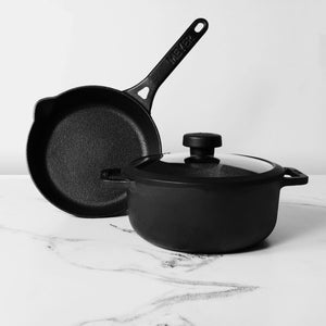 Meyer Pre- Seasoned Cast Iron 3 Piece Cookware Set - 20cm Skillet + 20cm Sauteuse with Interchangeable Lid, Black