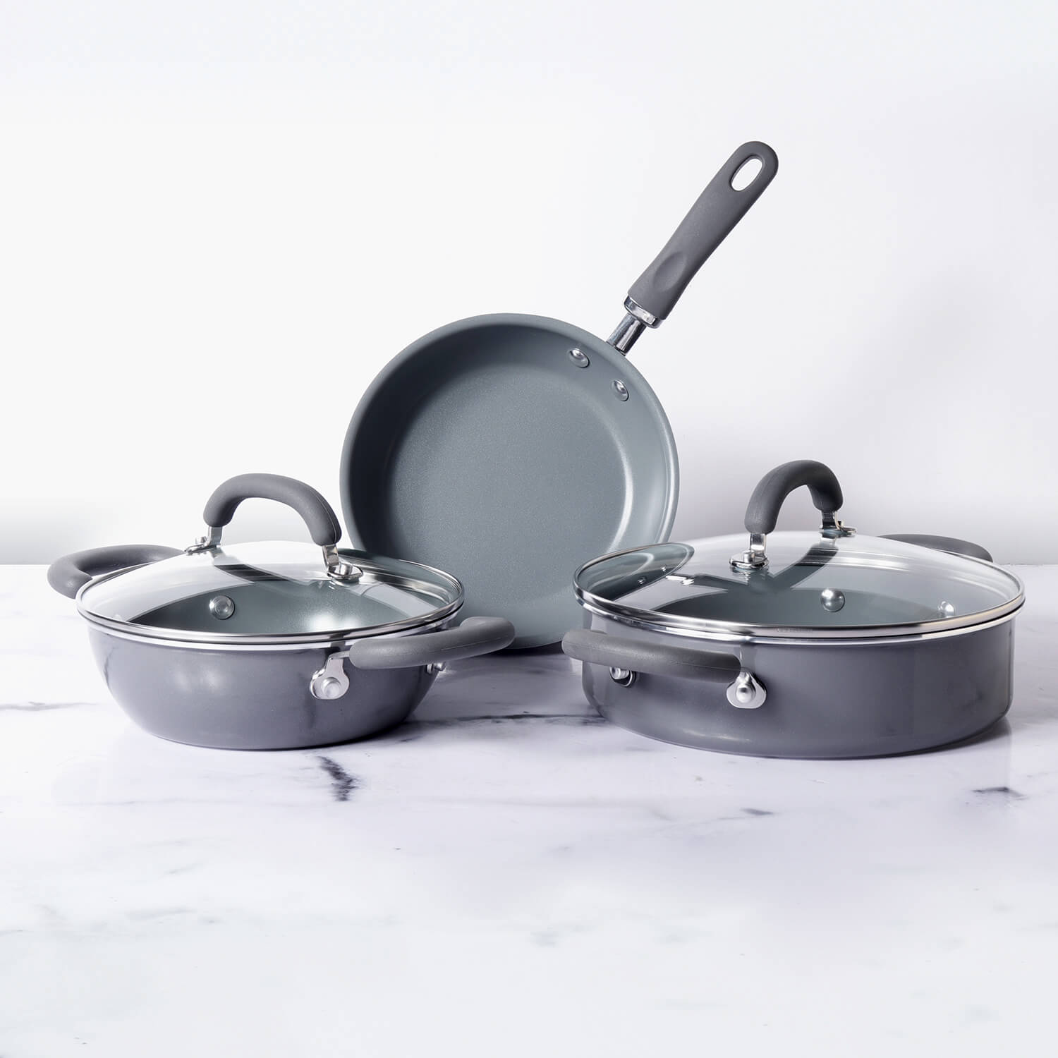 Meyer Anzen 5-Piece Set - Open Frypan + Kadai with Interchangeable Lid+ Sauteuse with Lid + - Pots and Pans