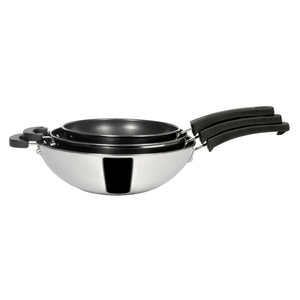 Meyer Kitchen Hacks (Stainless Steel + Non Stick) 3 Piece Open Stirfry/Kadai with Stick Handle Set, (22 cm / 26 cm/ 30 cm) - Pots and Pans