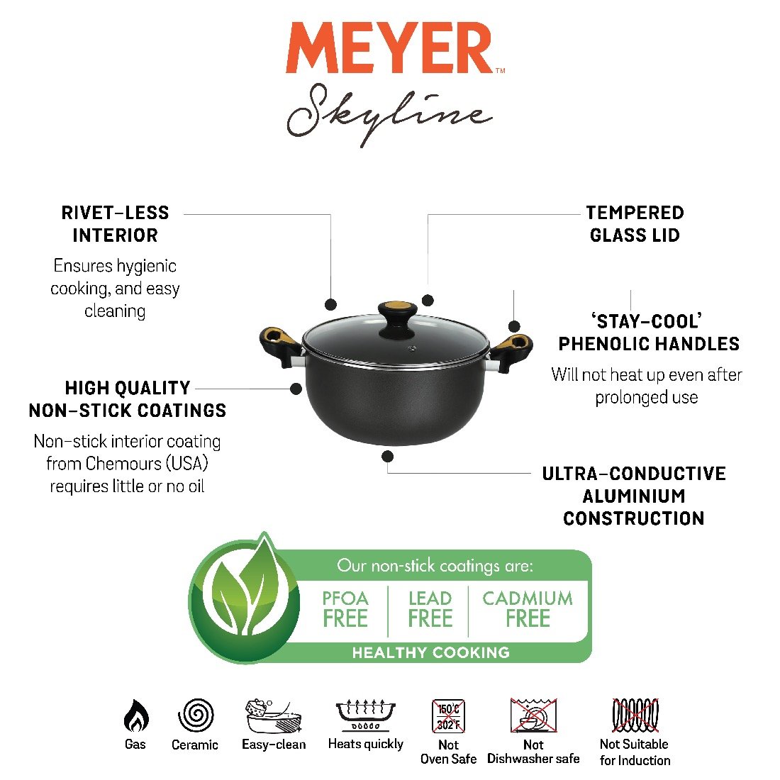 Meyer Skyline Non-Stick Casserole Biryani Pot 4.7L/24cm, Grey - Pots and Pans