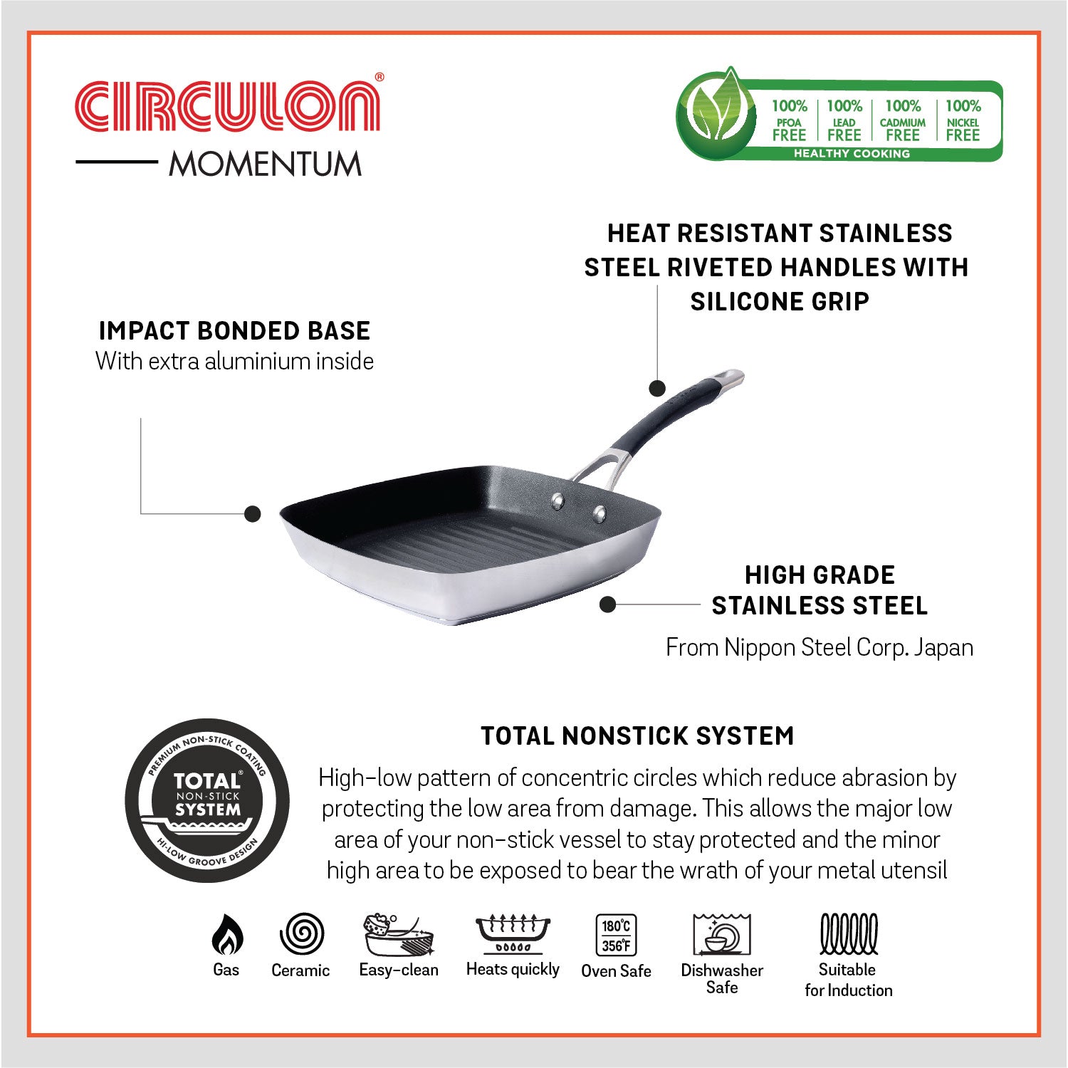 Circulon Momentum Non-Stick 2pcs Set 24cm Grillpan + 9" Silicone Tongs - Pots and Pans