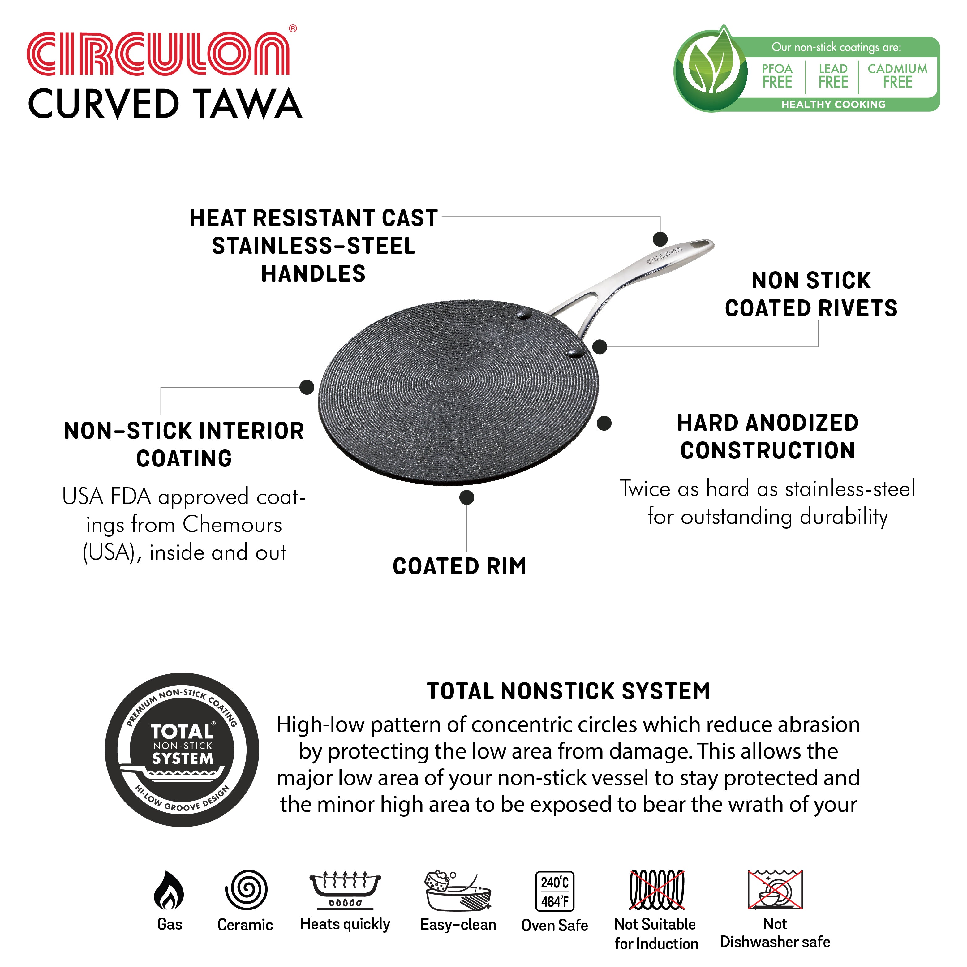 Circulon 2 Piece Set - Circulon Non-Stick + Hard Anodized Curved Tawa (26 cm) + Oil Sprayer (170 ml)