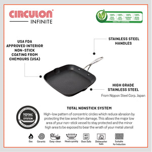 Circulon Non-Stick + Hard Anodized Aluminium Open Square Griddle Pan, 28cm - Pots and Pans