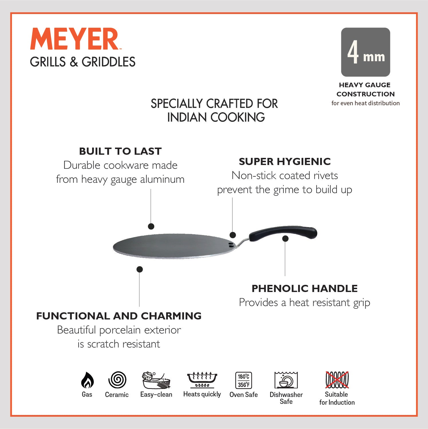 Meyer Non Stick Edge-less Flat Tawa, 30 cm - Pots and Pans