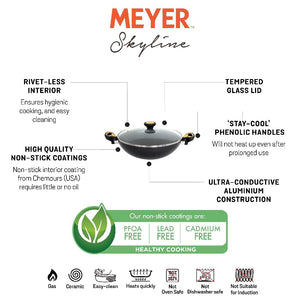 Meyer Skyline Non-Stick Kadai/Wok with Lid 28cm, Grey - Pots and Pans