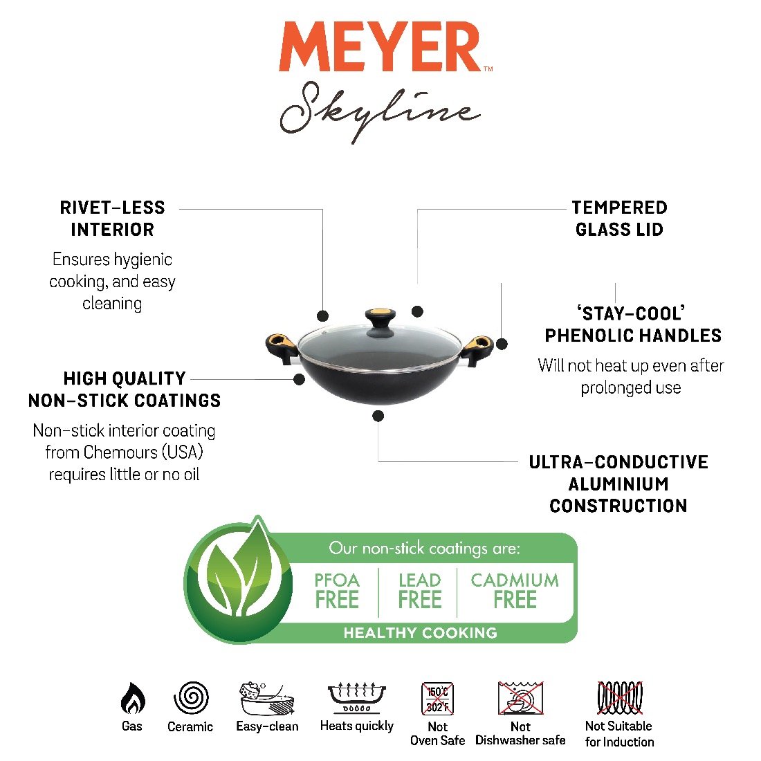 Meyer Skyline Non-Stick Kadai/Wok with Lid 26cm, Grey - Pots and Pans