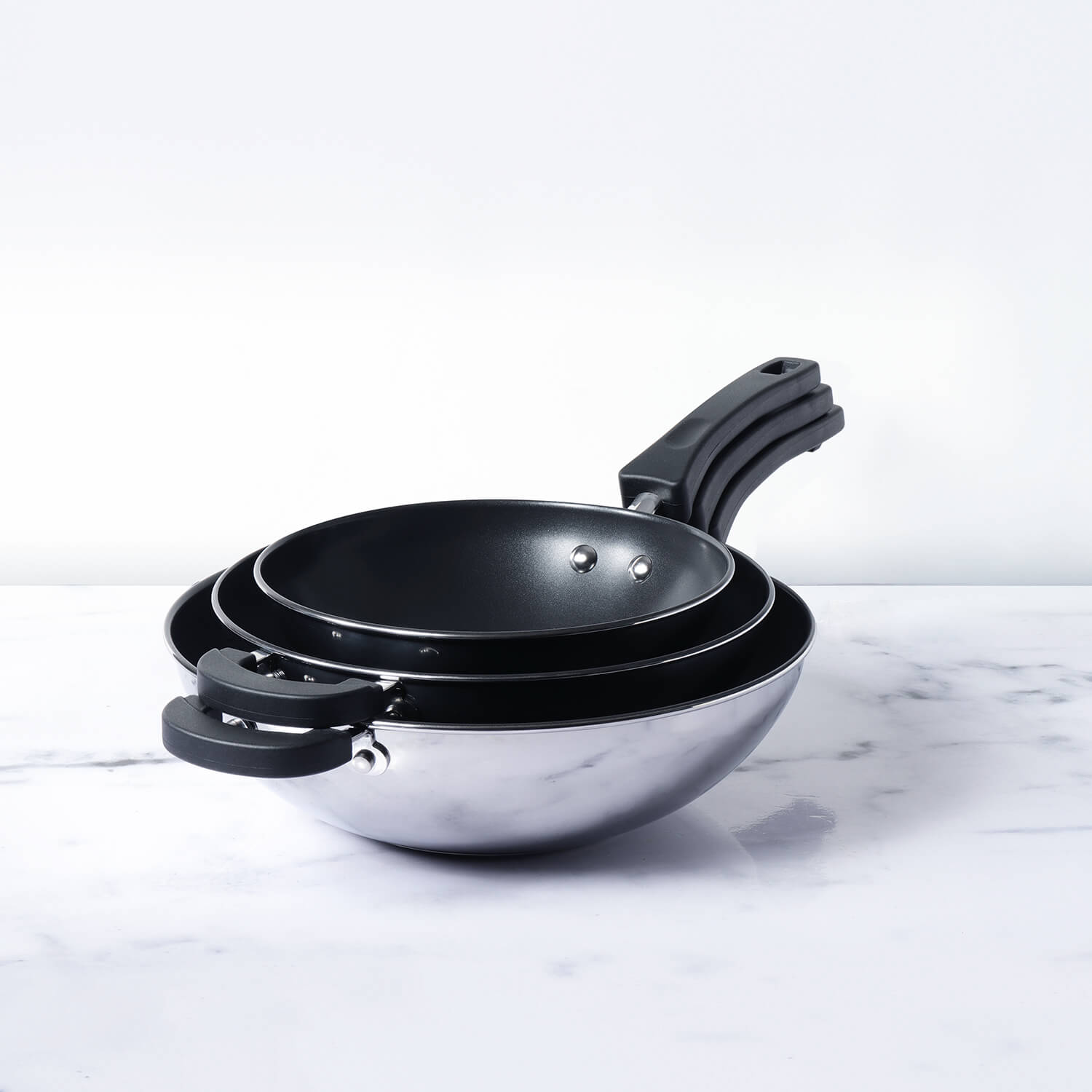 Meyer Kitchen Hacks (Stainless Steel + Non Stick) 3 Piece Open Stirfry/Kadai with Stick Handle Set, (22 cm / 26 cm/ 30 cm) - Pots and Pans