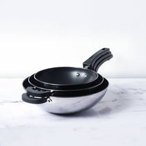 Meyer Kitchen Hacks (Stainless Steel + Non Stick) 3 Piece Open Stirfry/Kadai with Stick Handle Set, (22 cm / 26 cm/ 30 cm) - Pots and Pans