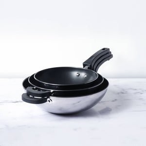 Meyer Kitchen Hacks (Stainless Steel + Non Stick) 3 Piece Open Stirfry/Kadai with Stick Handle Set, (22 cm / 26 cm/ 30 cm) - Pots and Pans