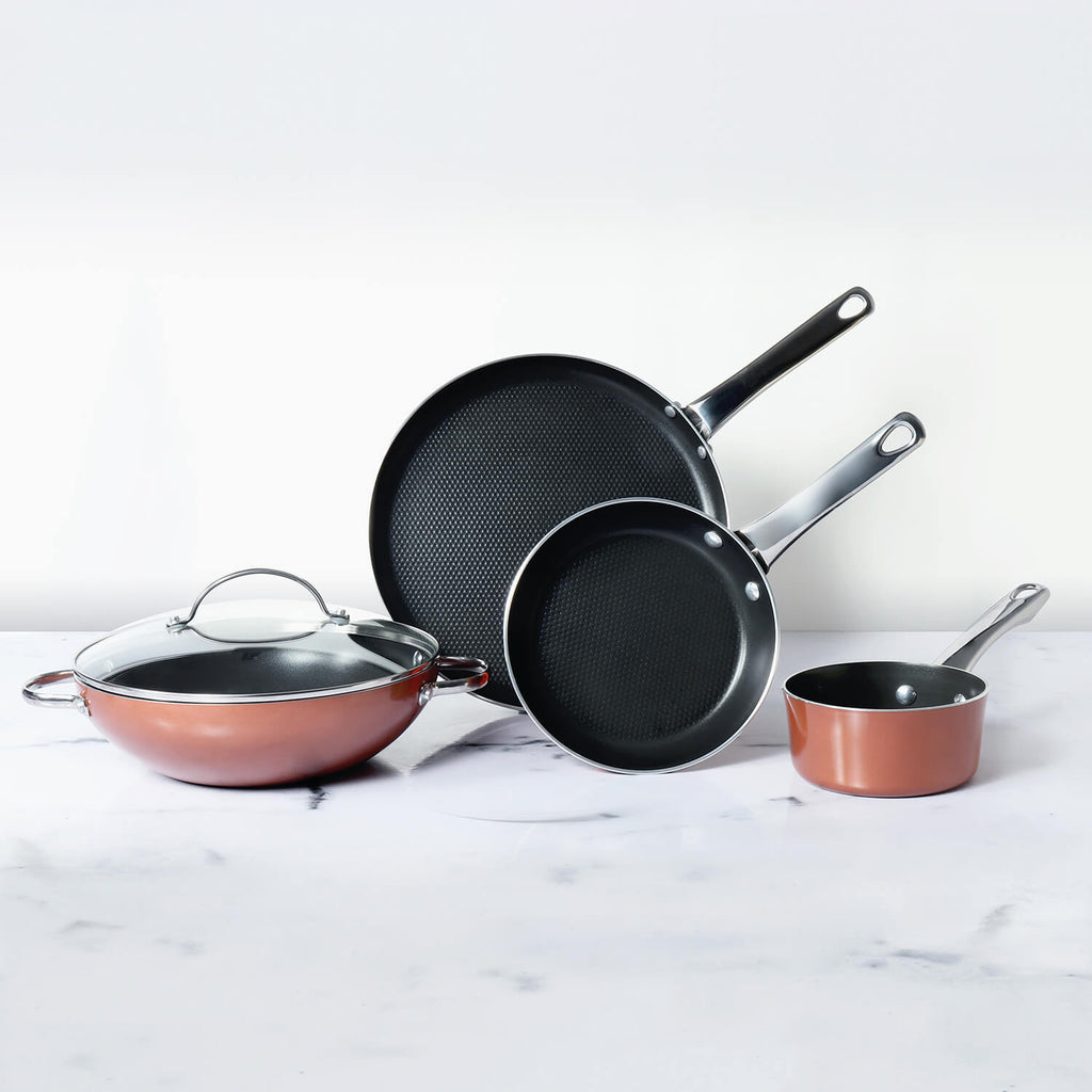 Meyer Luminescence Non-Stick 8pcs Set, Copper (Saucepan+Kadai+Frypan+Tawa+Accessories) - Pots and Pans