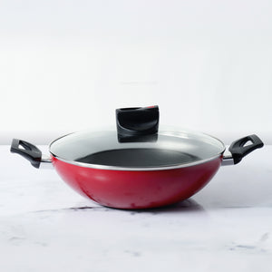 Meyer Safecook Non-Stick Kadai/Wok with Lid, Red, 26cm