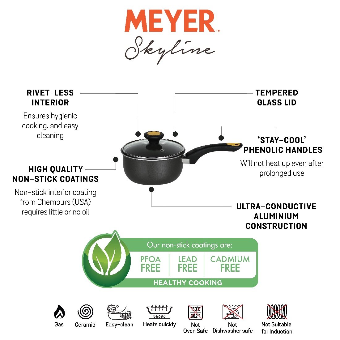 Meyer Skyline Non-Stick Saucepan with Lid 1.4 Litres/16cm, Grey - Pots and Pans