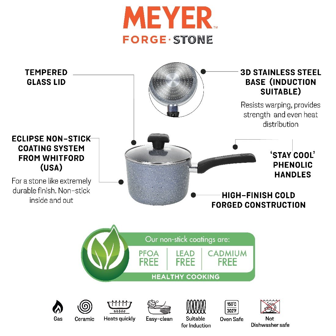 Meyer Forgestone Non-Stick Saucepan 16cm, Stone Grey [Induction & Gas Compatible] - Pots and Pans