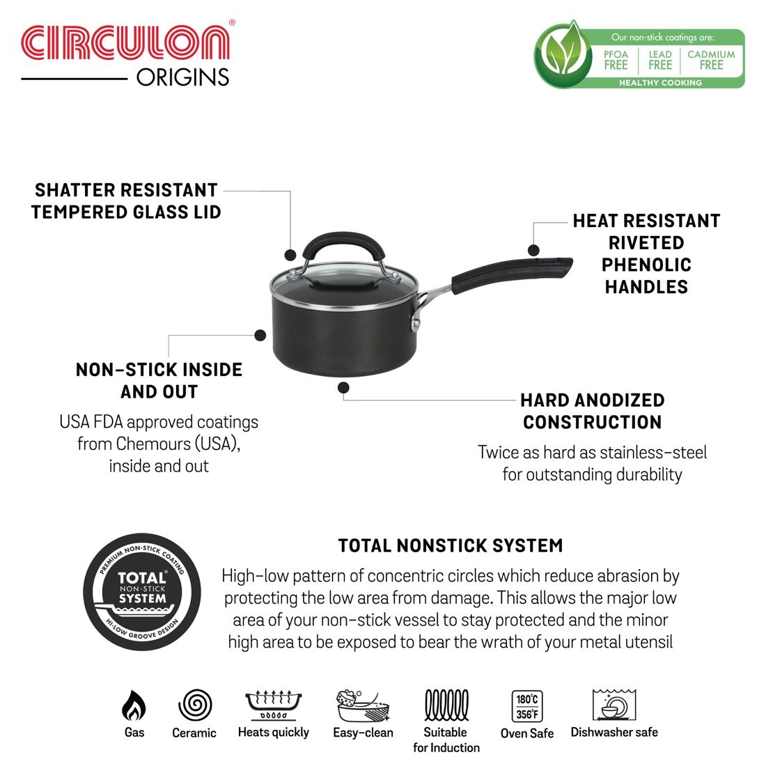 Circulon Origins 16cm Saucepan Non-Stick + Hard Anodized, Black (Suitable For Gas & Induction)