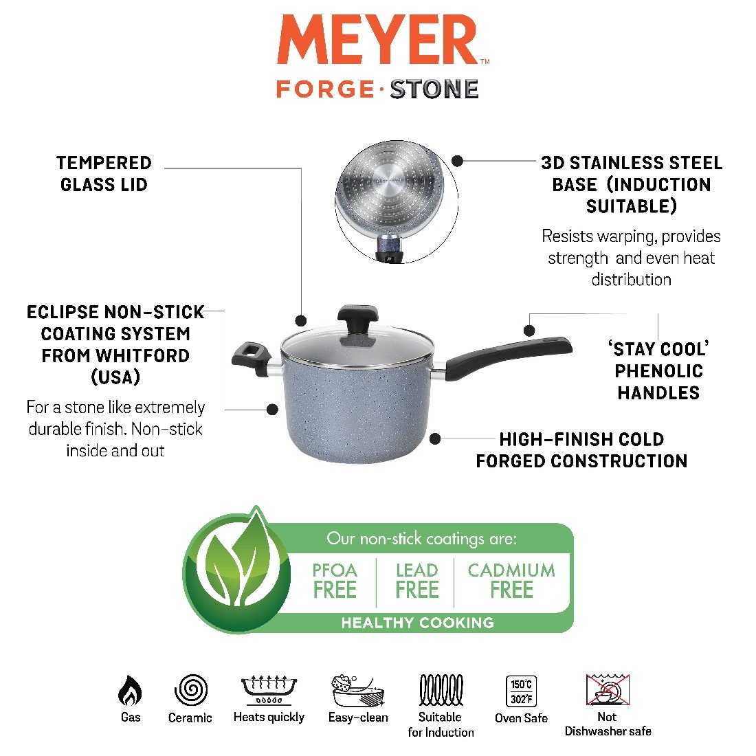 Meyer Forgestone Non-Stick Saucepan 20cm, Stone Grey [Induction & Gas Compatible] - Pots and Pans