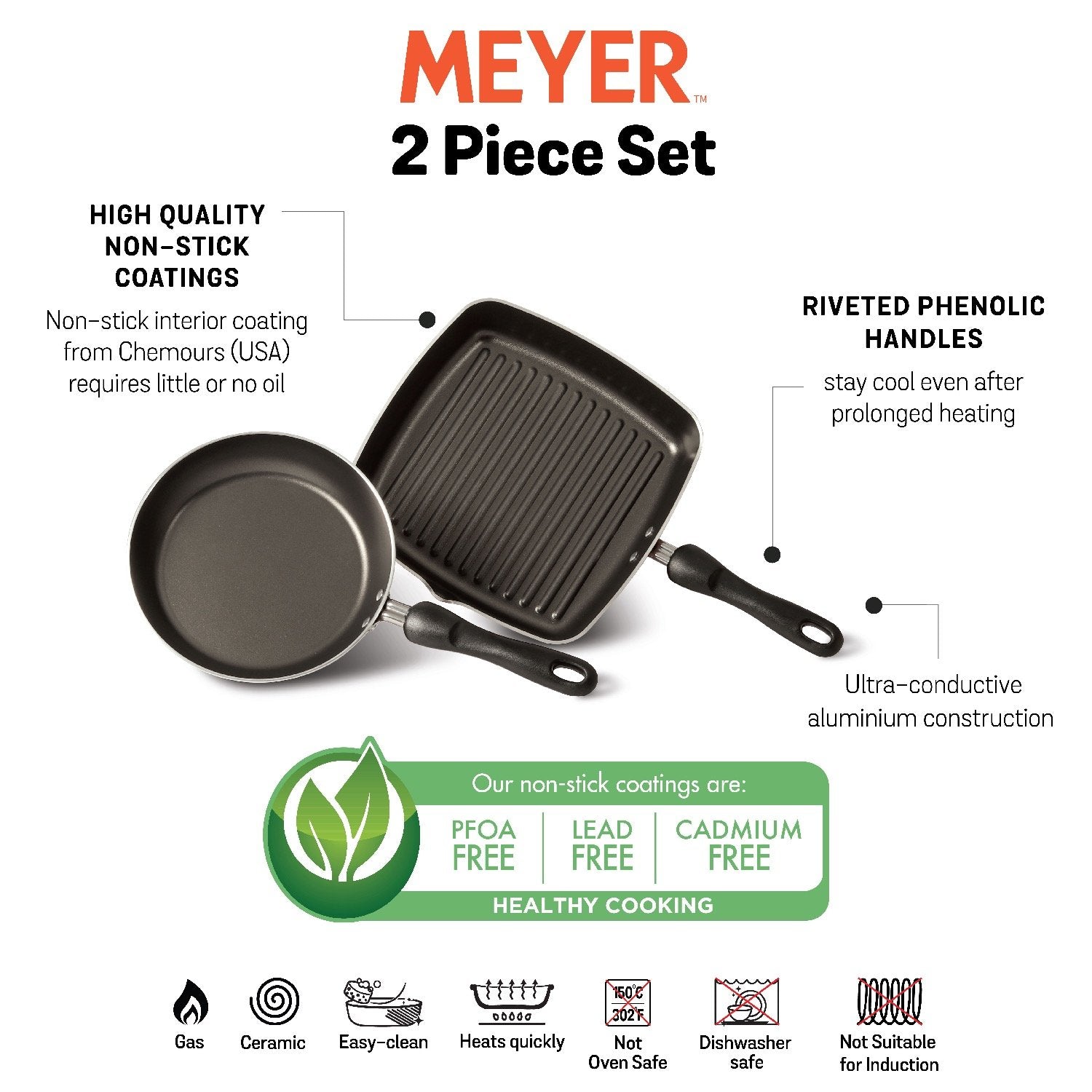 Meyer Non-Stick 2-Piece Cookware Set, Frypan + Grillpan (Suitable For Gas & Electric Cooktops) - Pots and Pans