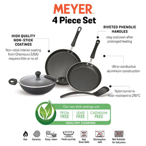 Meyer Non-Stick 5pcs Set (28cm Flat Dosa Tawa + 24cm Frypan + 24cm Kadai with Lid + Nylon Turner) - Pots and Pans