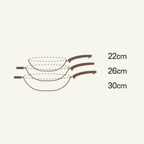 Meyer Kitchen Hacks (Stainless Steel + Non Stick) 3 Piece Open Stirfry/Kadai with Stick Handle Set, (22 cm / 26 cm/ 30 cm) - Pots and Pans