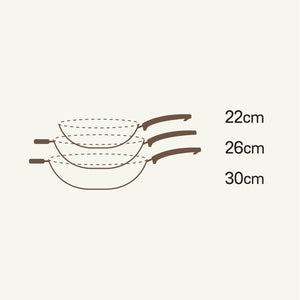 Meyer Kitchen Hacks (Stainless Steel + Non Stick) 3 Piece Open Stirfry/Kadai with Stick Handle Set, (22 cm / 26 cm/ 30 cm) - Pots and Pans