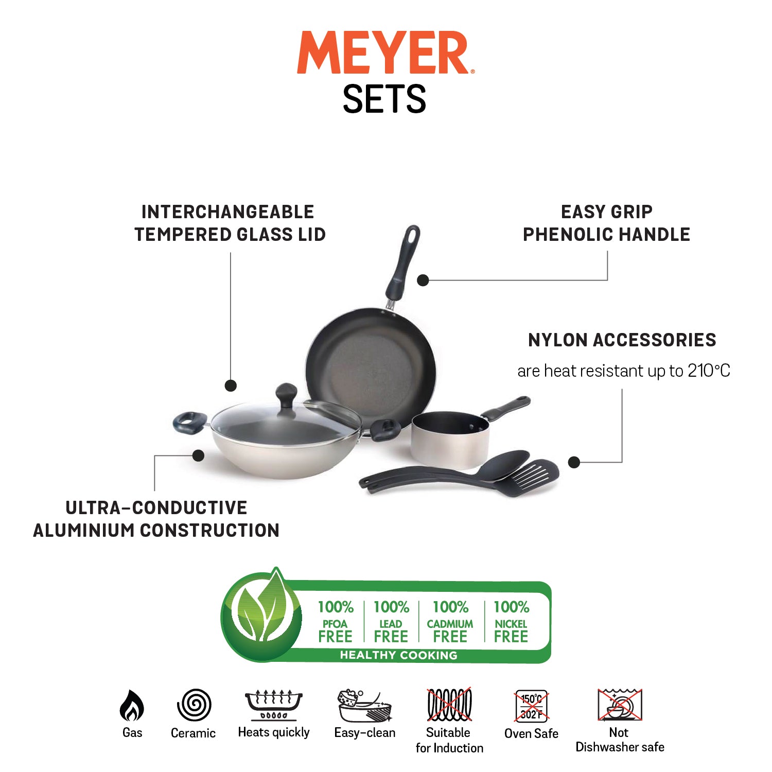 Meyer Non-Stick 6pcs Set (14cm Milkpan+26cm Frypan+26cm Kadai+Nylon Turner+Nylon Spoon) - Pots and Pans