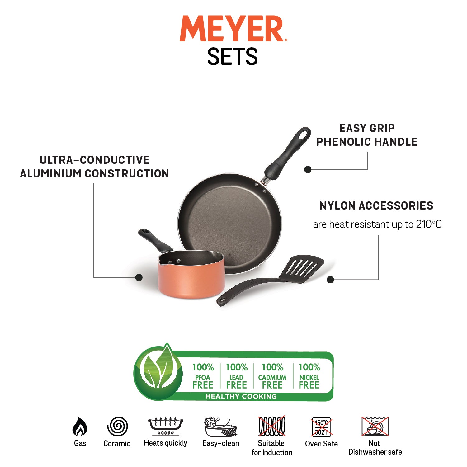 Meyer Non-Stick 3pcs Cookware Set (24cm Frypan + 14cm Milkpan + Nylon Turner) - Pots and Pans