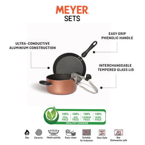 Meyer Non-Stick 3pcs Cookware Set (2.8L/20cm Casserole/Biryani Pot + 24cm Flat Dosa Tawa) - Pots and Pans