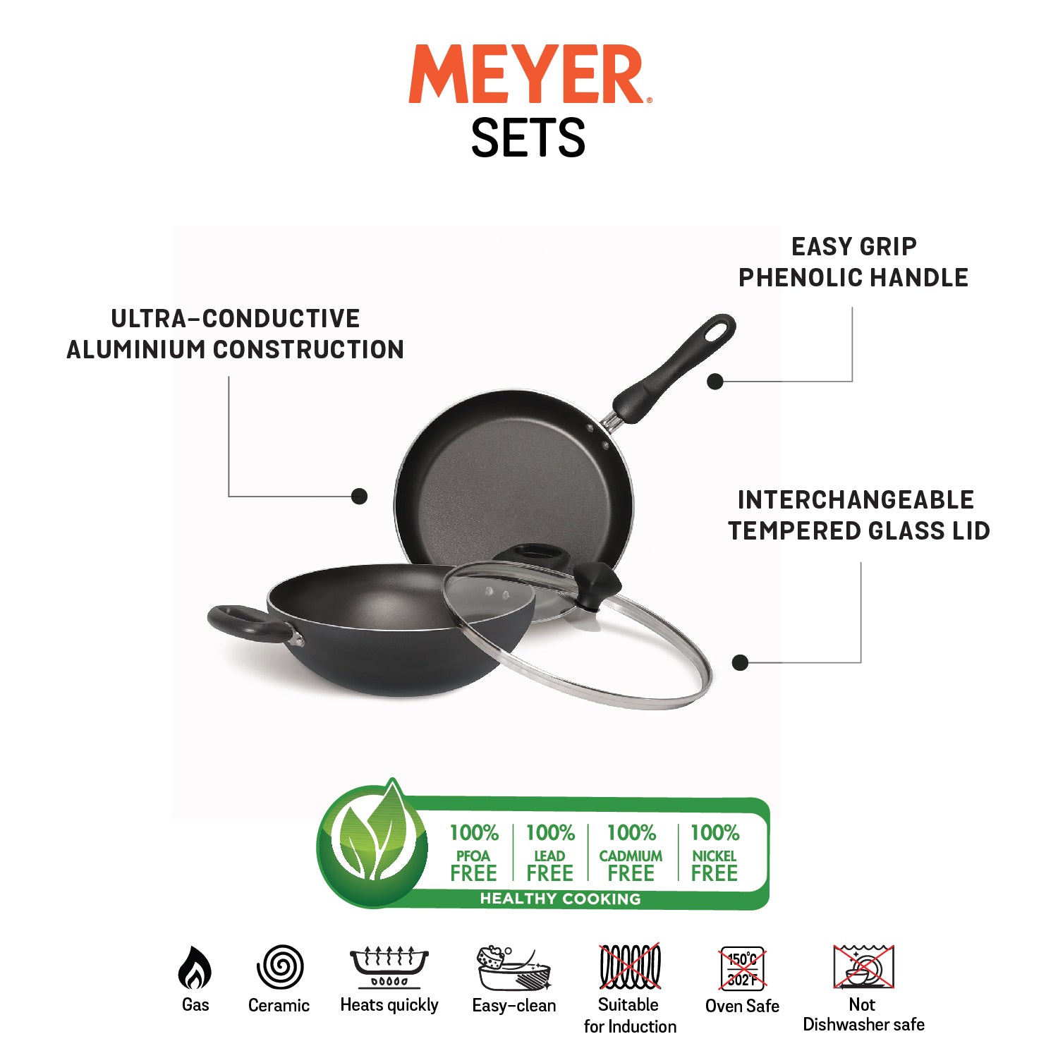 Meyer Non-Stick 3pcs Set, 24cm Frypan + 24cm Kadai with Interchangeable Lid - Pots and Pans