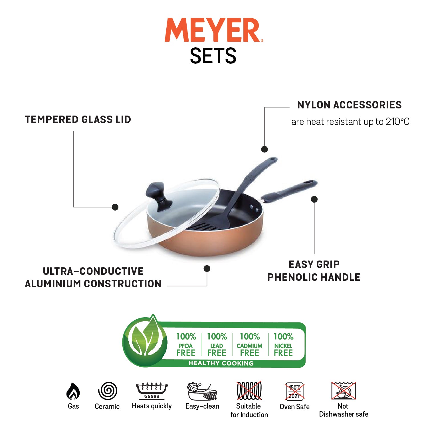 Meyer Non-Stick 3pcs Set, Sautepan with Lid & Accessory (Not Suitable For Induction) - Pots and Pans