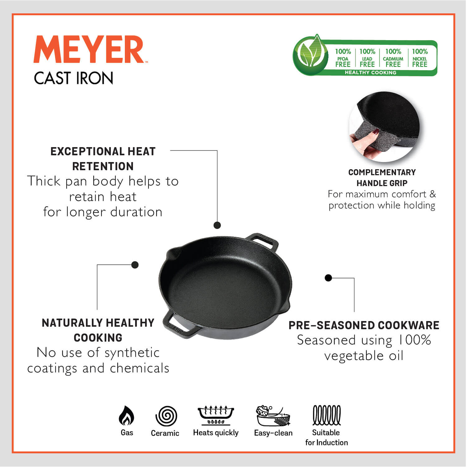 Meyer Pre Seasoned Cast Iron 2 Piece cookware Set 24cm Skillet + 28cm Flat Dosa tawa - Pots and Pans