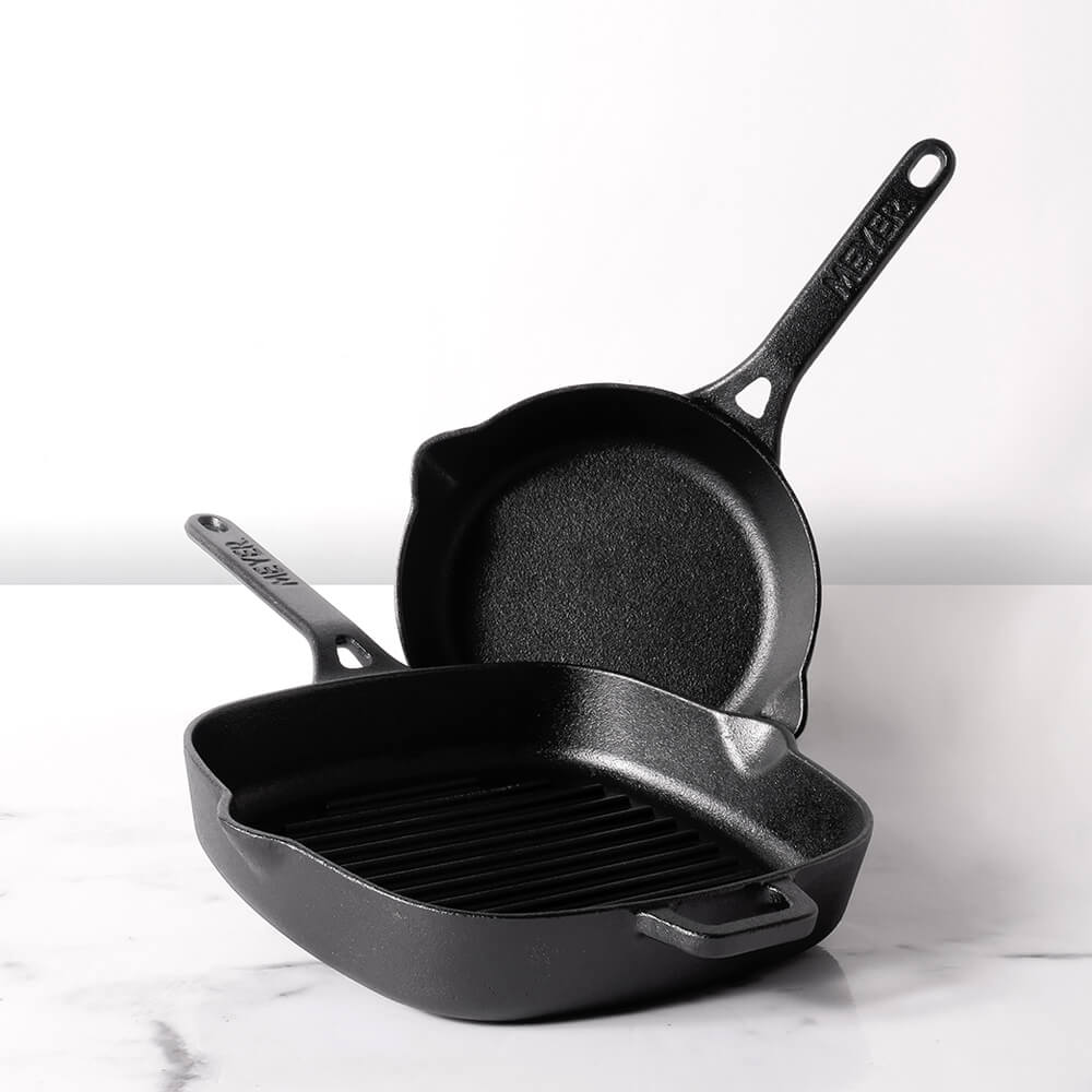 Meyer Pre-Seasoned Cast Iron 2 pcs Set (25cm Grillpan + 20cm Frypan/Skillet) - Pots and Pans