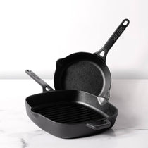 Meyer Pre-Seasoned Cast Iron 2 pcs Set (25cm Grillpan + 20cm Frypan/Skillet) - Pots and Pans