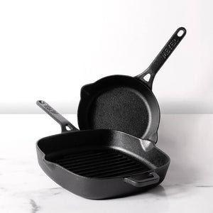 Meyer Pre-Seasoned Cast Iron 2 pcs Set (25cm Grillpan + 20cm Frypan/Skillet) - Pots and Pans