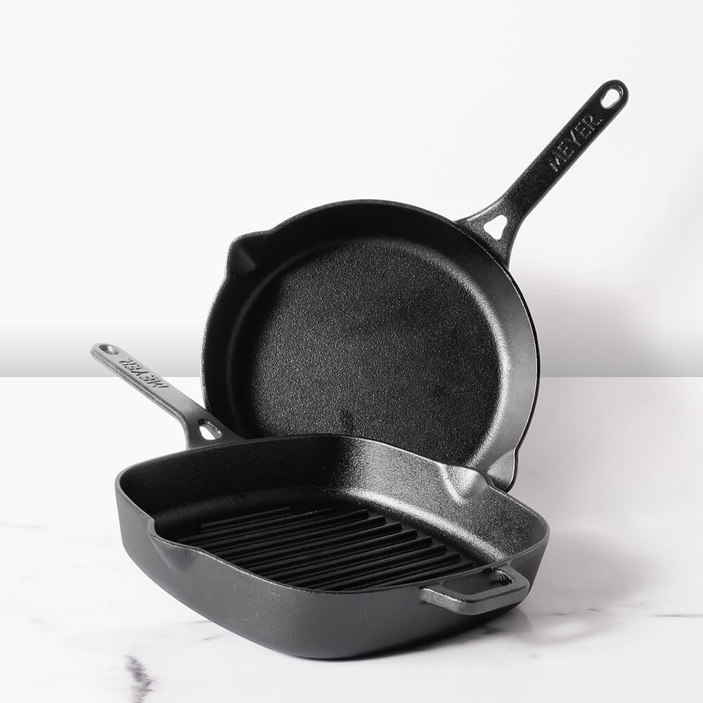 Meyer Pre-Seasoned Cast Iron 2 Piece Cookware Set - 25cm Grill Pan + 26cm Frypan