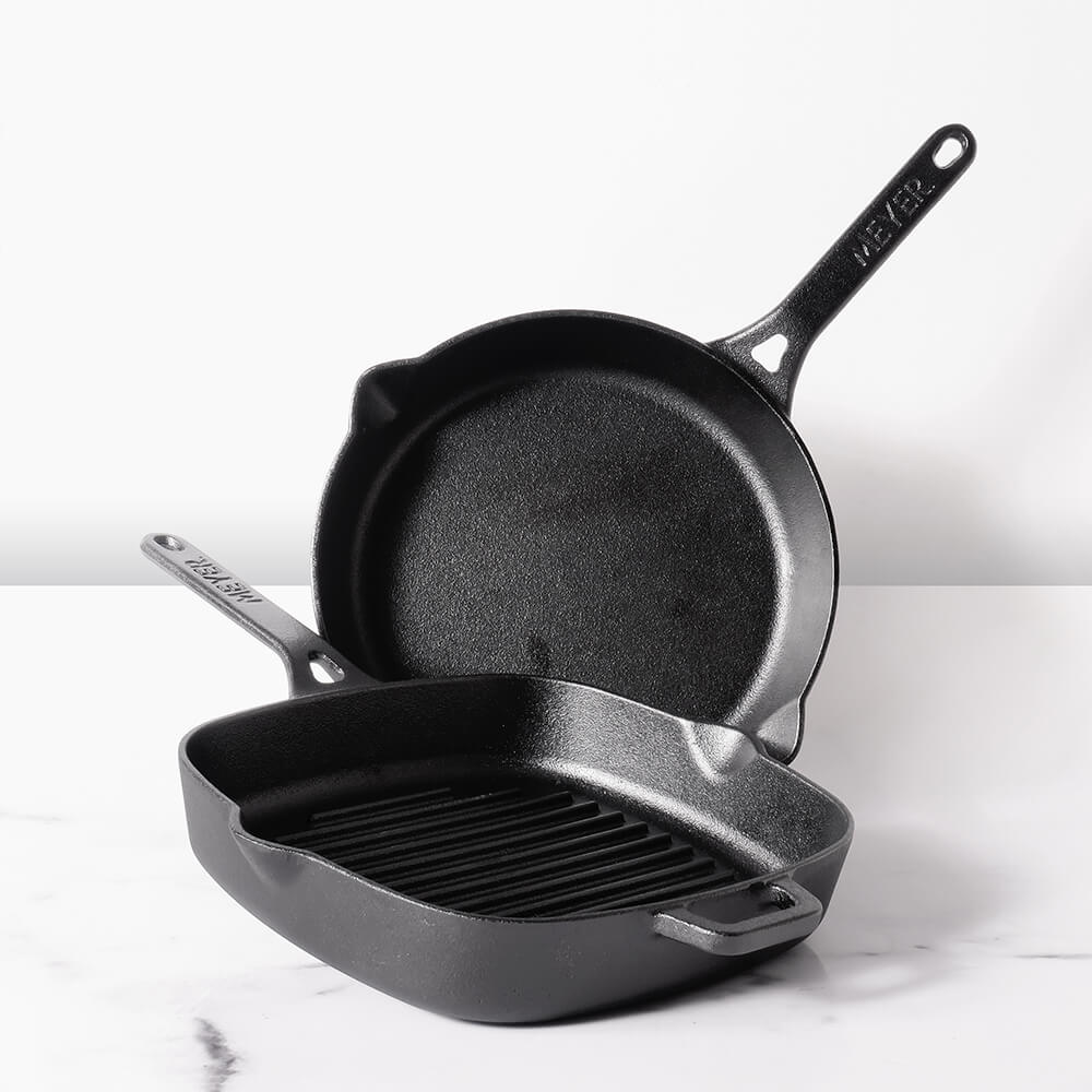 Meyer Pre-Seasoned Cast Iron 2 Piece Cookware Set - 25cm Grill Pan + 26cm Frypan - Pots and Pans