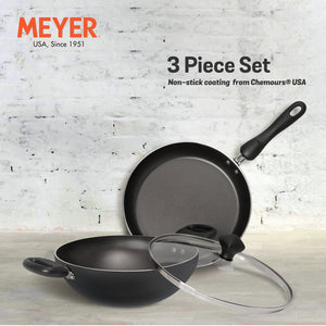 Meyer Non-Stick 3pcs Set, 24cm Frypan + 24cm Kadai with Interchangeable Lid - Pots and Pans