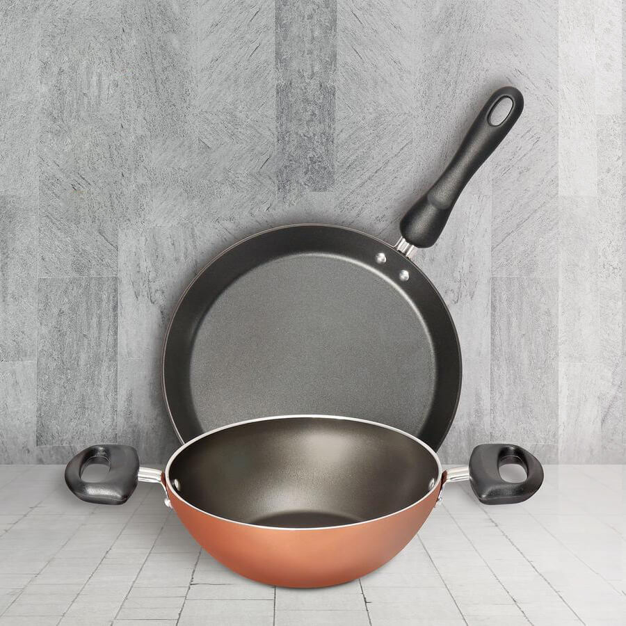 Meyer Non-Stick 2pcs Set 20cm Kadai + 24cm Dosa Tawa (Suitable For Gas & Electric Cooktops)