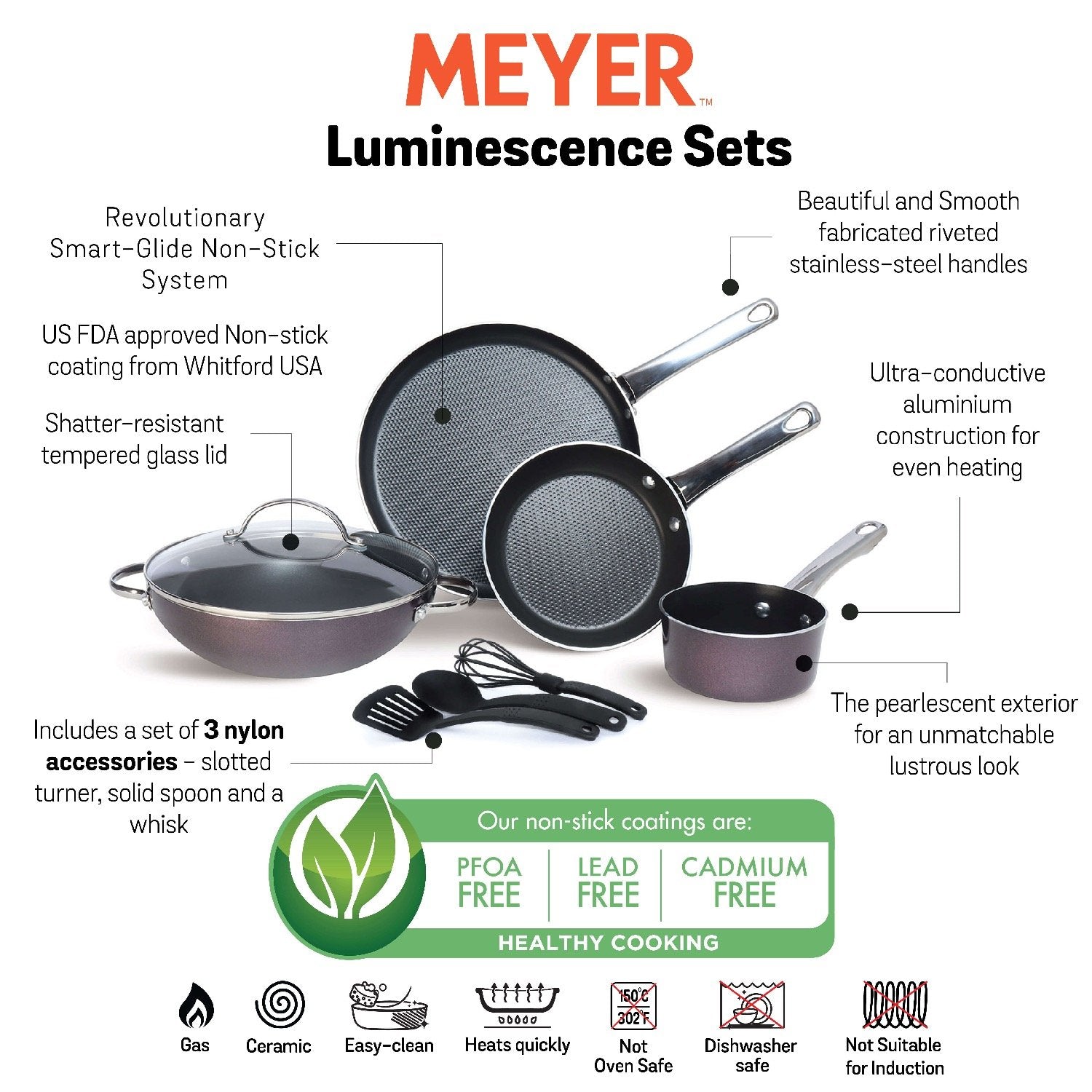 Luminescence Non-Stick 8-Piece Cookware Set, Red (Saucepan+Kadai+Frypan+Tawa+Accessories) - Pots and Pans