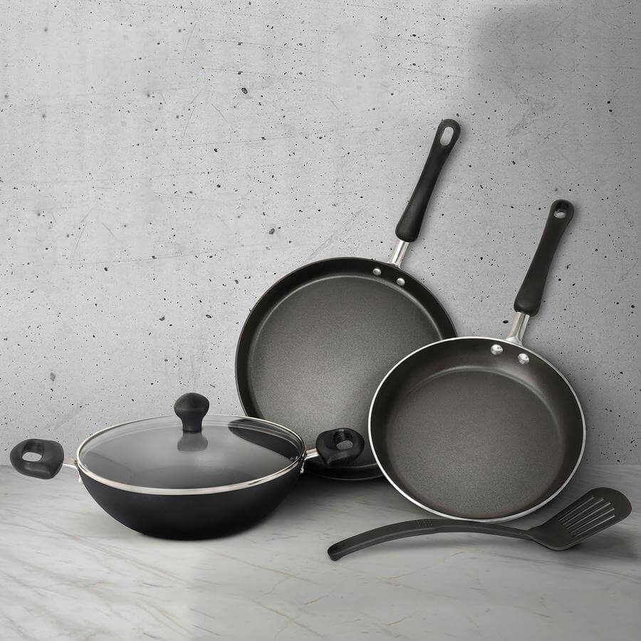 Meyer Non-Stick 5pcs Set (28cm Flat Dosa Tawa + 24cm Frypan + 24cm Kadai with Lid + Nylon Turner)