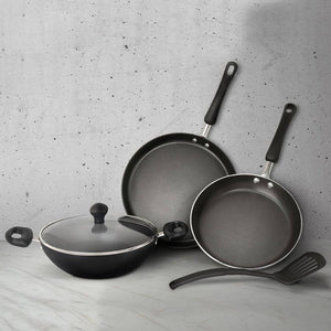 Meyer Non-Stick 5pcs Set (28cm Flat Dosa Tawa + 24cm Frypan + 24cm Kadai with Lid + Nylon Turner)