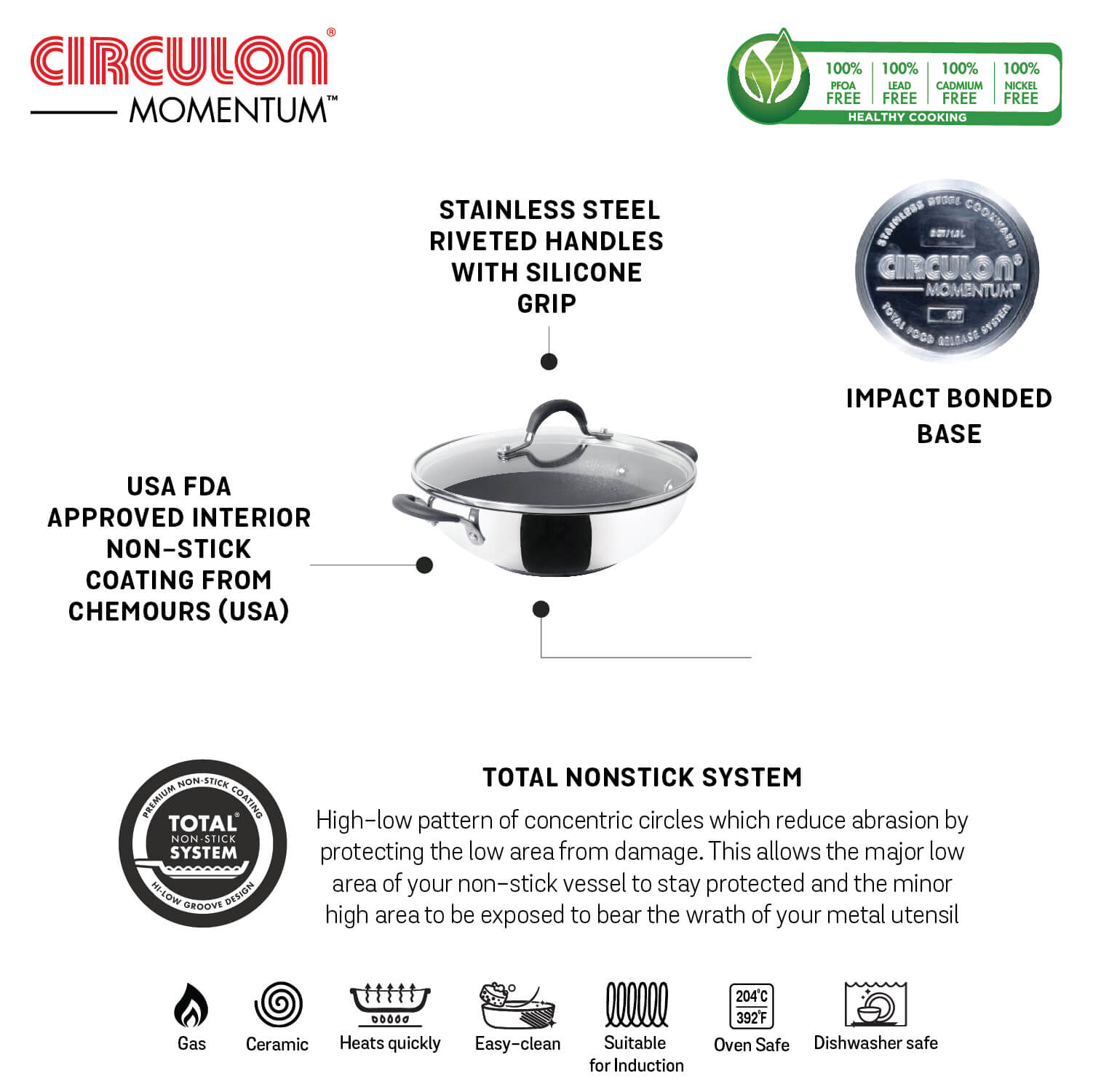 Circulon Momentum 32cm Non-Stick Kadai/Wok with Lid - Pots and Pans