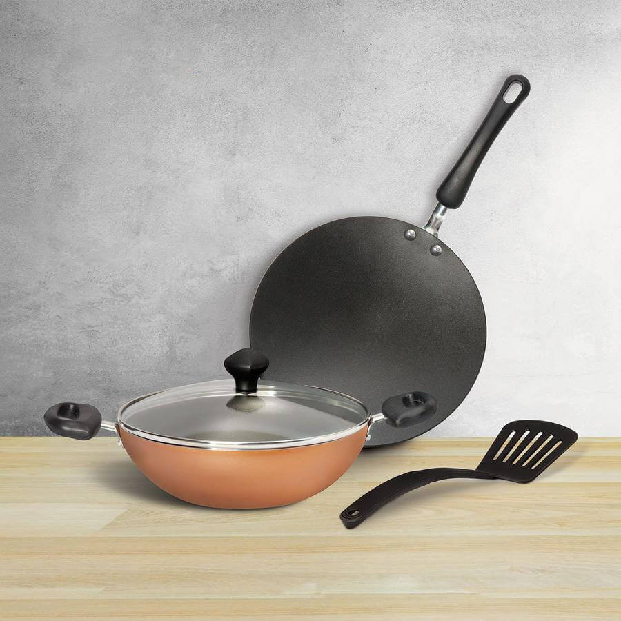 Meyer Non-Stick 4pcs Cookware Set (Kadai + Curved Roti/Chappati Tawa + Nylon Turner)